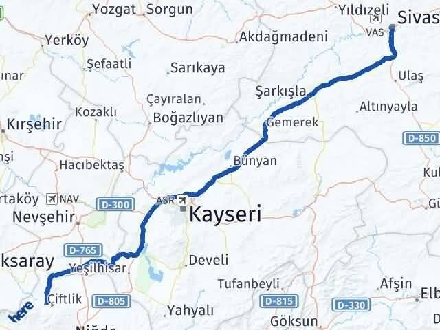 Sivas Çiftlik Niğde Arası Kaç Km - Yol Haritası