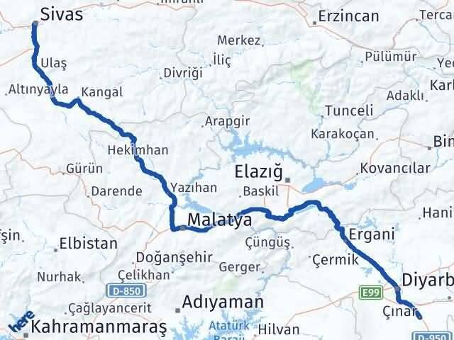 Sivas Çınar Diyarbakır Arası Kaç Km - Yol Haritası