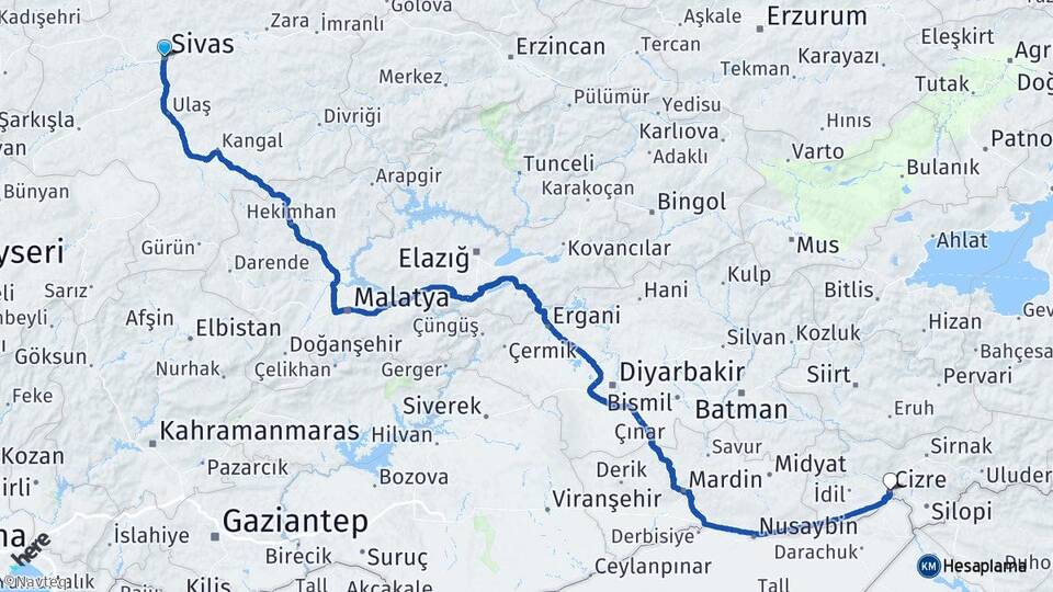 Sivas Cizre Şırnak Arası Kaç Km - Yol Haritası