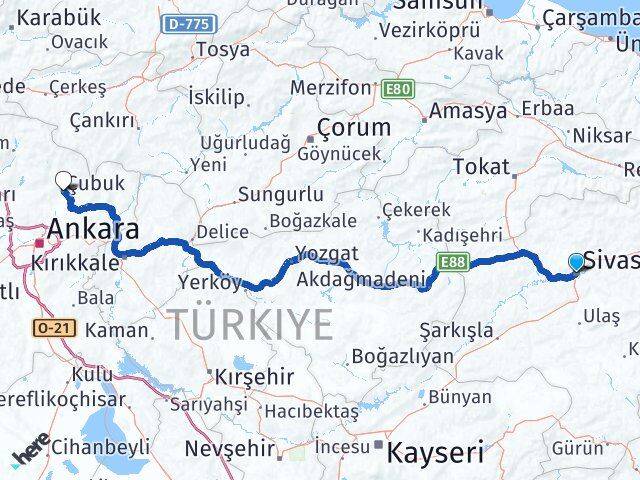 Sivas Çubuk Ankara Arası Kaç Km - Yol Haritası
