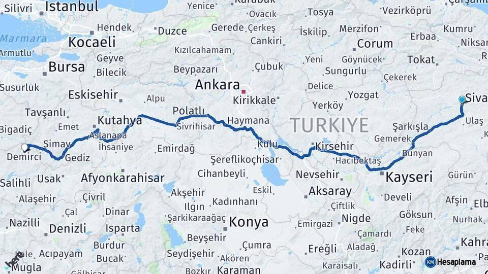 Sivas Demirci Manisa Arası Kaç Km - Yol Haritası