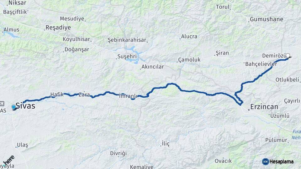 Sivas Demirözü Bayburt Arası Kaç Km - Yol Haritası