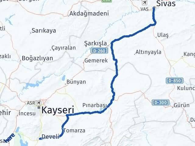 Sivas Develi Kayseri Arası Kaç Km - Yol Haritası