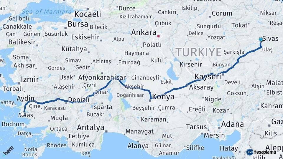 Sivas Didim Aydın Arası Kaç Km - Yol Haritası