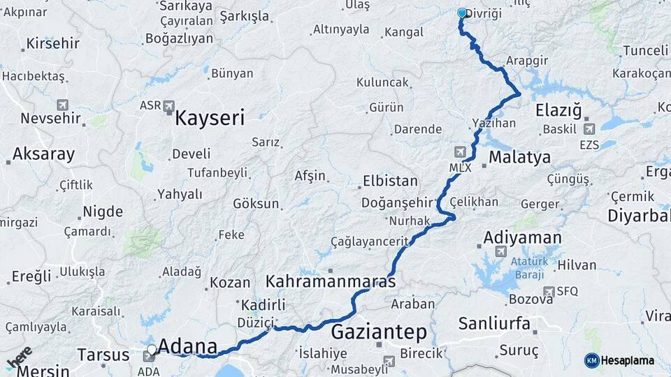 Sivas Divriği Adana Arası Kaç Km - Yol Haritası