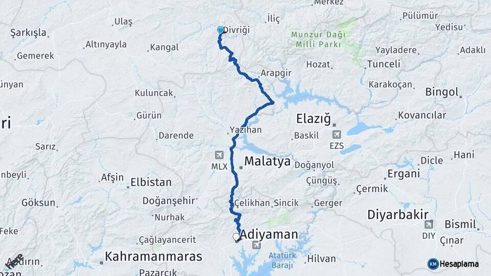 Sivas Divriği Adıyaman Arası Kaç Km - Yol Haritası