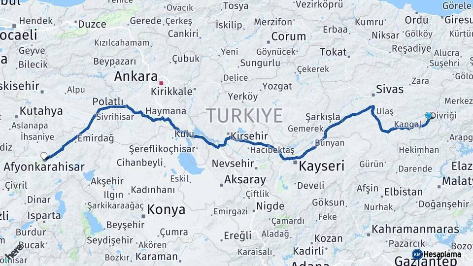 Sivas Divriği Afyonkarahisar Arası Kaç Km - Yol Haritası