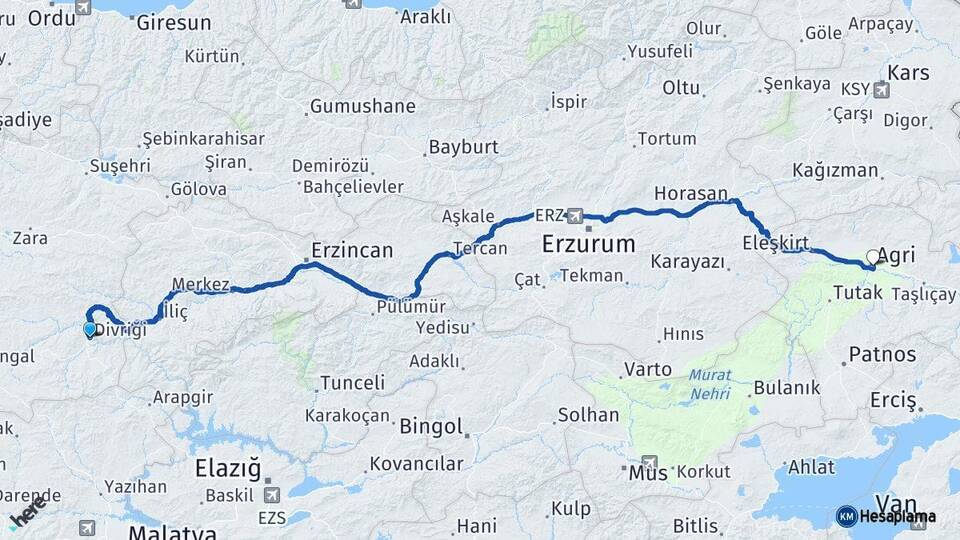 Sivas Divriği Ağrı Arası Kaç Km - Yol Haritası