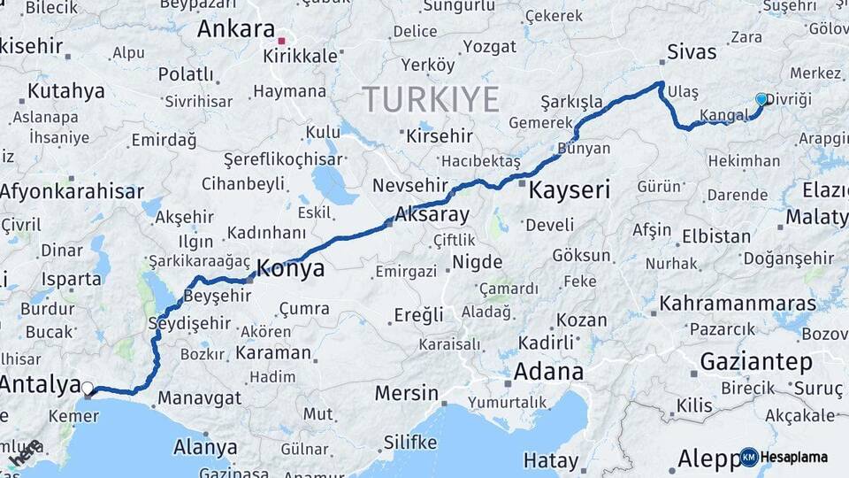 Sivas Divriği Antalya Arası Kaç Km - Yol Haritası