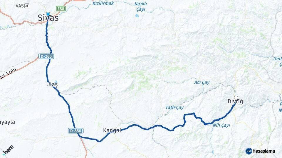 Sivas Divriği Arası Kaç Km - Yol Haritası