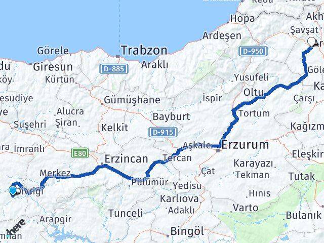 Sivas Divriği Ardahan Arası Kaç Km - Yol Haritası