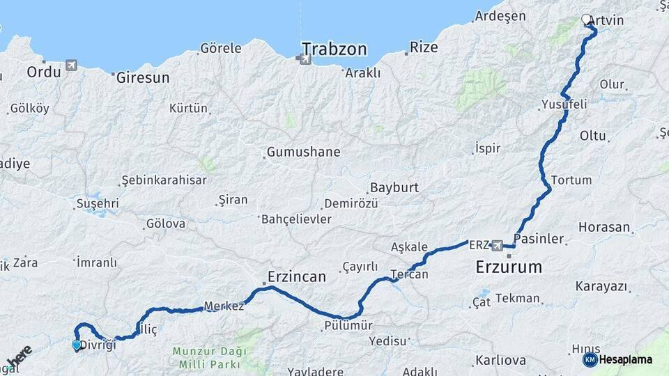 Divriği Artvin Arası Kaç Km - Yol Tarifi
