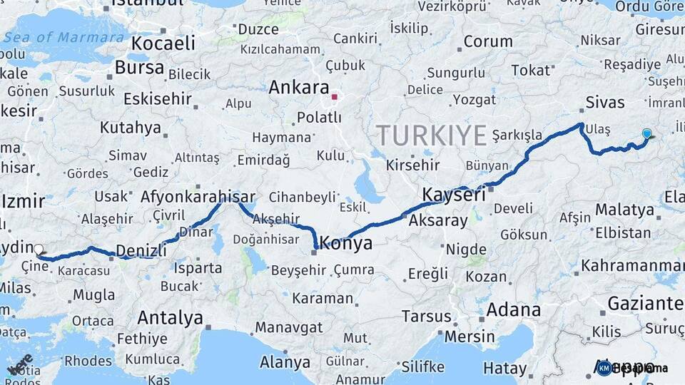 Sivas Divriği Aydın Arası Kaç Km - Yol Haritası