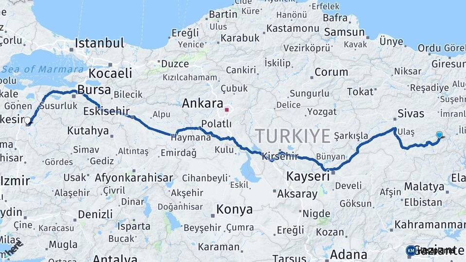 Sivas Divriği Balıkesir Arası Kaç Km - Yol Haritası
