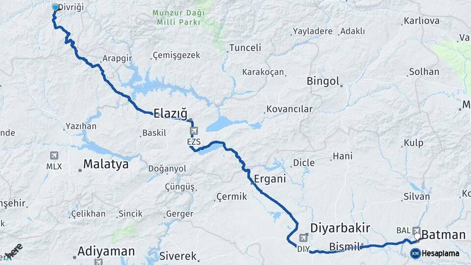 Sivas Divriği Batman Arası Kaç Km - Yol Haritası