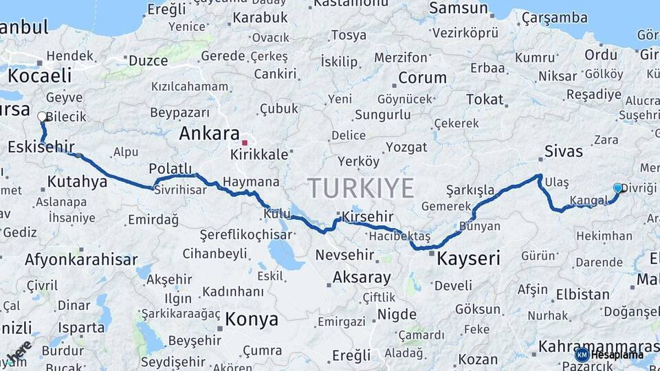 Sivas Divriği Bilecik Arası Kaç Km - Yol Haritası