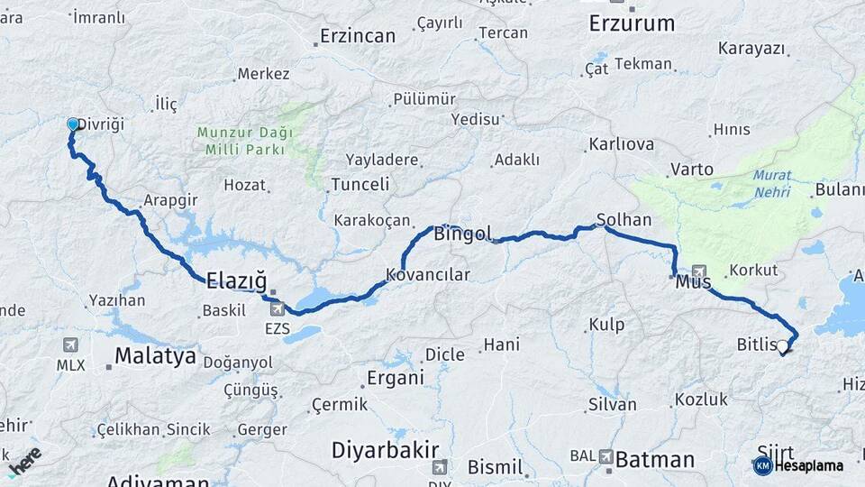 Sivas Divriği Bitlis Arası Kaç Km - Yol Haritası