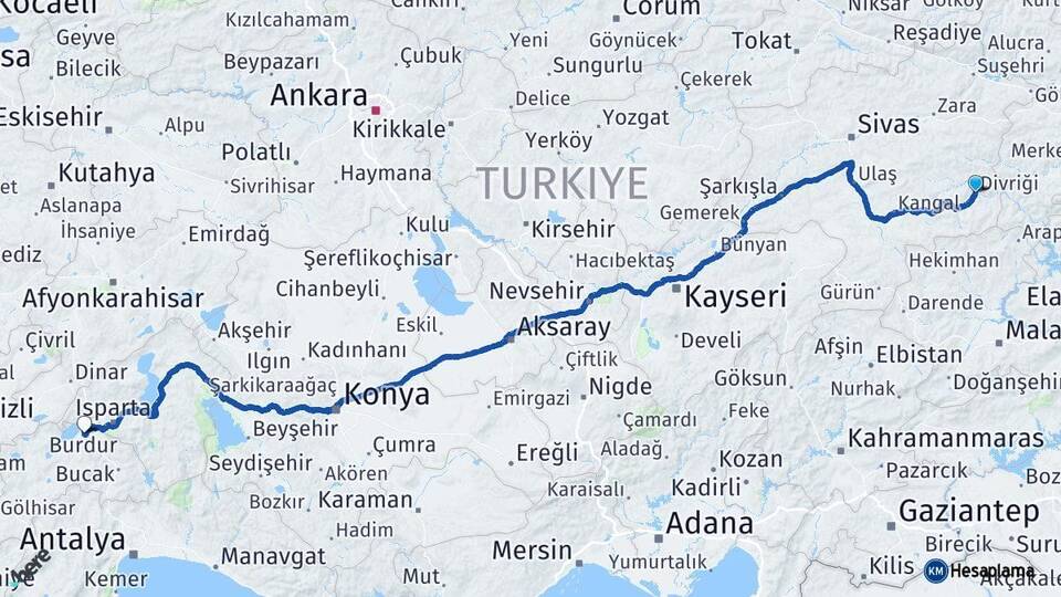 Sivas Divriği Burdur Arası Kaç Km - Yol Haritası