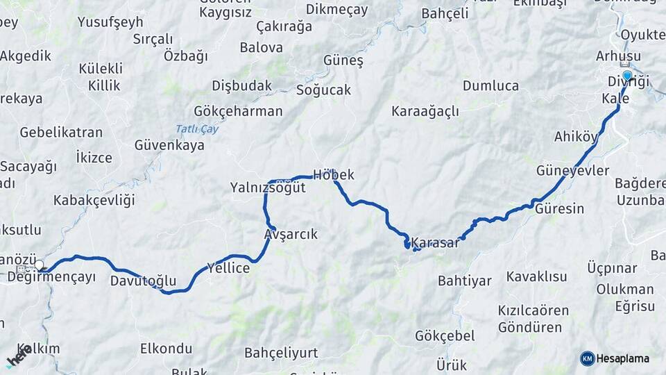 Sivas Divriği Çetinkaya Kangal Arası Kaç Km - Yol Haritası