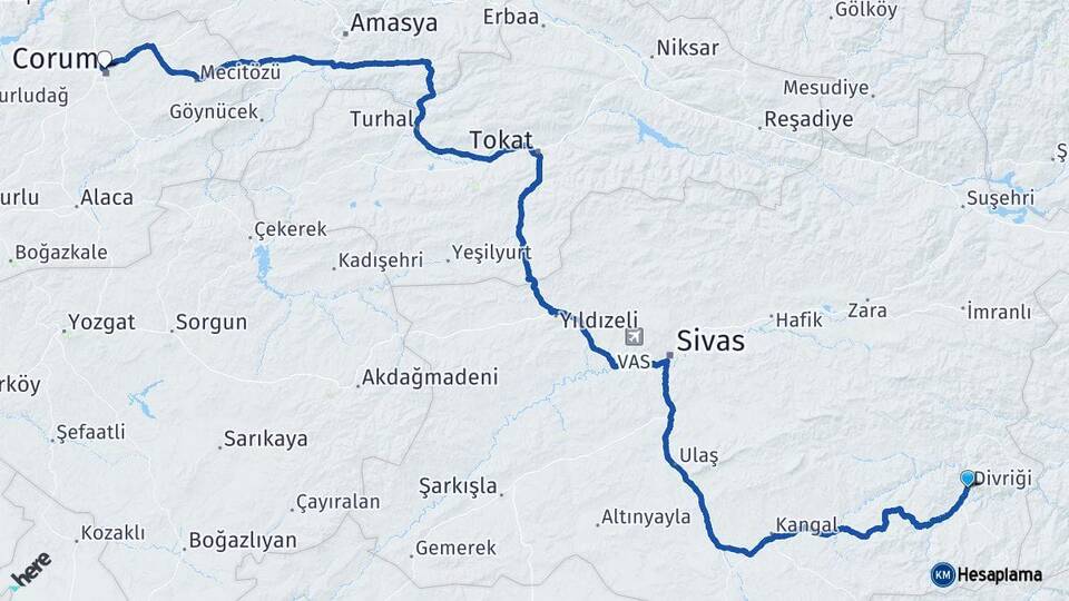 Sivas Divriği Çorum Arası Kaç Km - Yol Haritası
