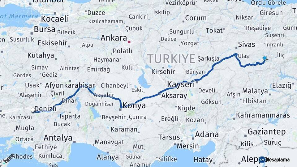 Sivas Divriği Denizli Arası Kaç Km - Yol Haritası