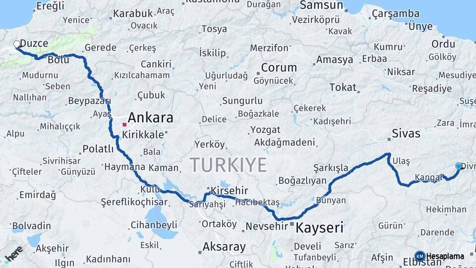 Sivas Divriği Düzce Arası Kaç Km - Yol Haritası