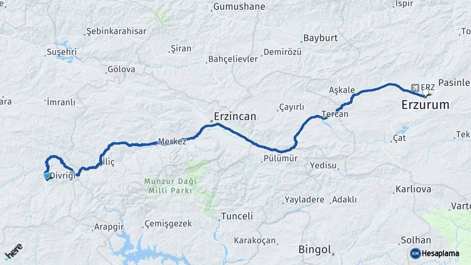 Sivas Divriği Erzurum Arası Kaç Km - Yol Haritası
