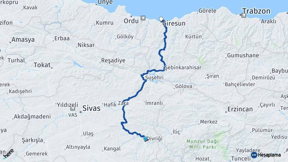 Sivas Divriği Giresun Arası Kaç Km - Yol Haritası