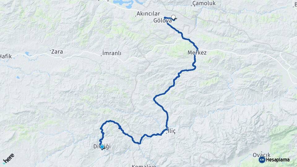 Sivas Divriği Gölova Arası Kaç Km - Yol Haritası