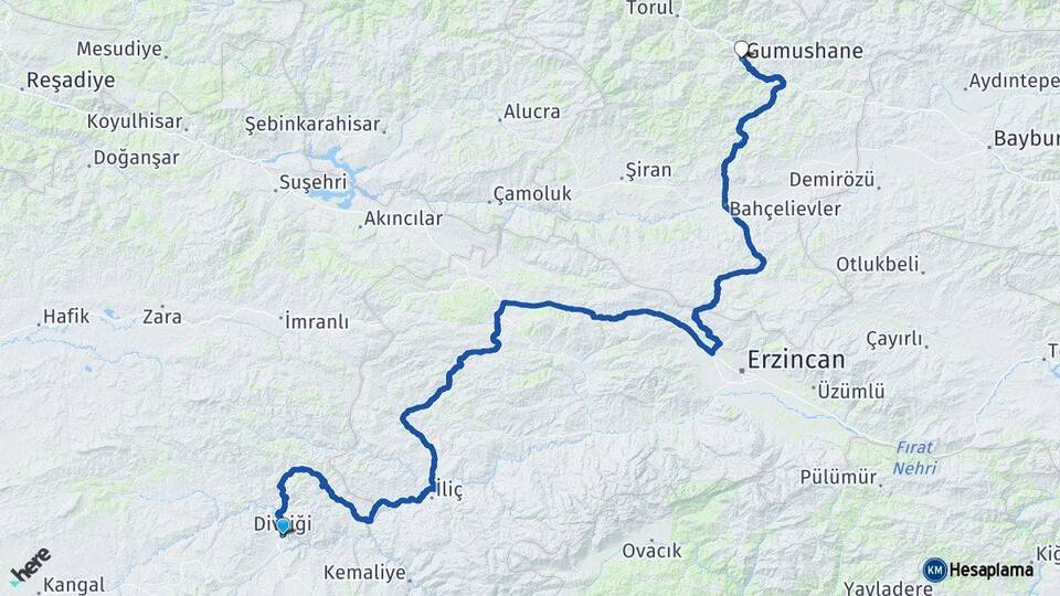 Sivas Divriği Gümüşhane Arası Kaç Km - Yol Haritası
