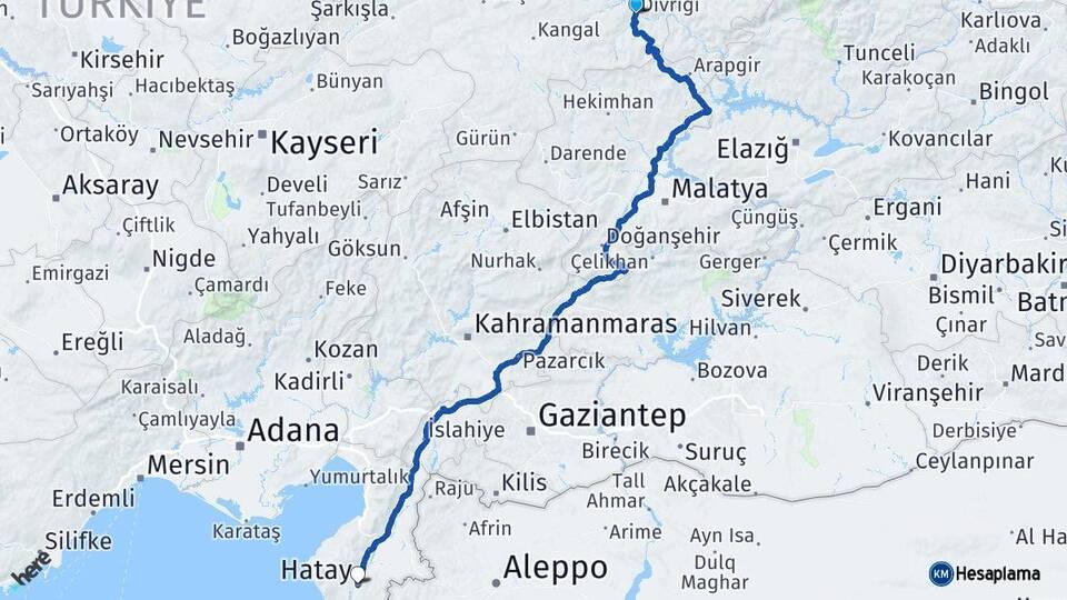 Sivas Divriği Hatay Arası Kaç Km - Yol Haritası