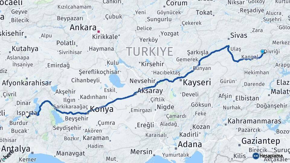 Sivas Divriği Isparta Arası Kaç Km - Yol Haritası
