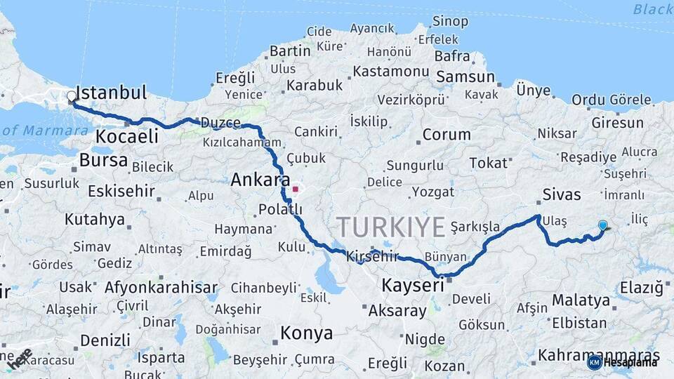Sivas Divriği İstanbul Arası Kaç Km - Yol Haritası