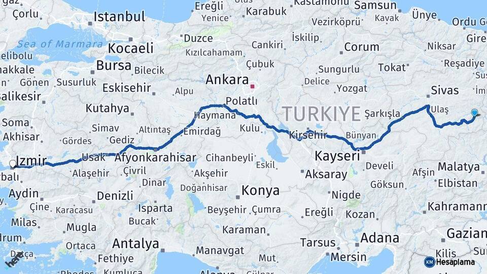 Sivas Divriği İzmir Arası Kaç Km - Yol Haritası