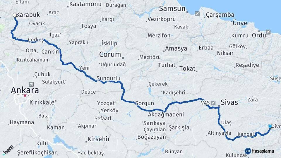 Sivas Divriği Karabük Arası Kaç Km - Yol Haritası