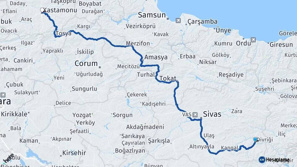 Sivas Divriği Kastamonu Arası Kaç Km - Yol Haritası