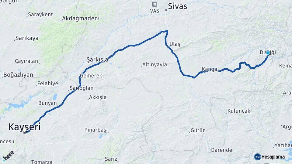 Sivas Divriği Kayseri Arası Kaç Km - Yol Haritası