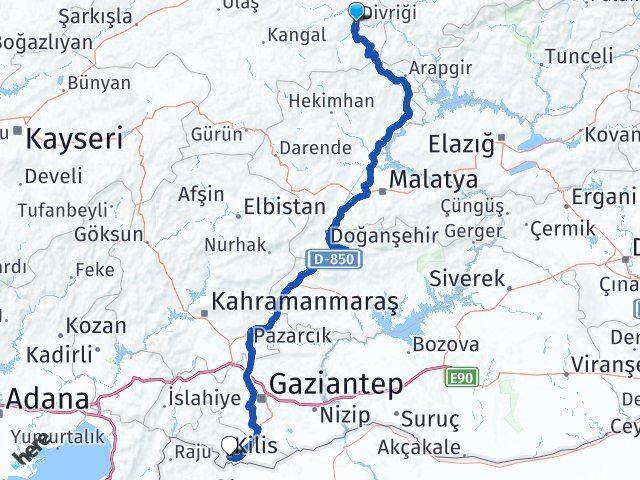 Sivas Divriği Kilis Arası Kaç Km - Yol Haritası