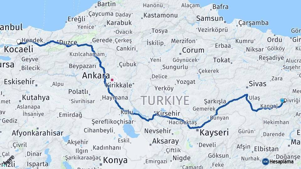 Sivas Divriği Kocaeli Arası Kaç Km - Yol Haritası
