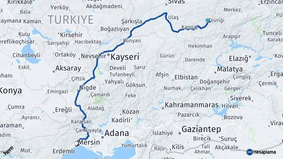 Sivas Divriği Mersin Arası Kaç Km - Yol Haritası