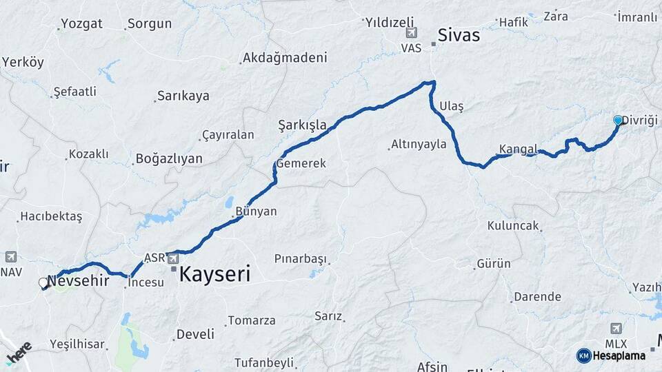 Sivas Divriği Nevşehir Arası Kaç Km - Yol Haritası