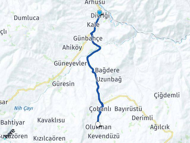 Sivas Divriği Olukman Divriği Arası Kaç Km - Yol Haritası