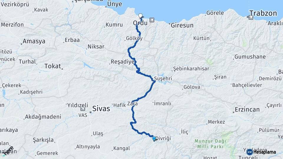 Sivas Divriği Ordu Arası Kaç Km - Yol Haritası