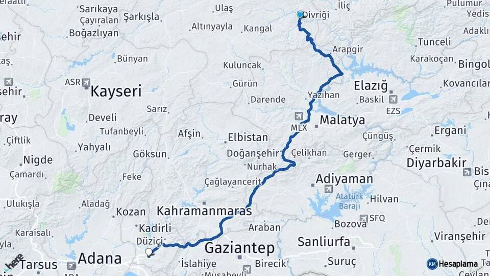 Sivas Divriği Osmaniye Arası Kaç Km - Yol Haritası