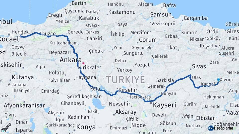 Sivas Divriği Sakarya Arası Kaç Km - Yol Haritası