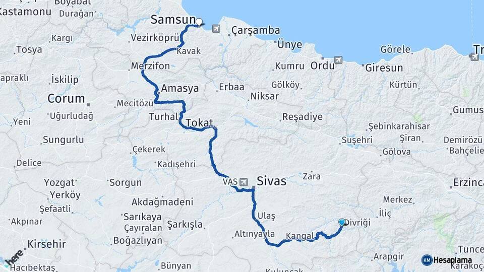 Sivas Divriği Samsun Arası Kaç Km - Yol Haritası