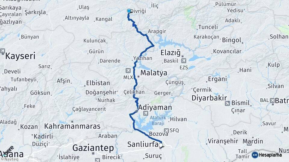 Sivas Divriği Şanlıurfa Arası Kaç Km - Yol Haritası