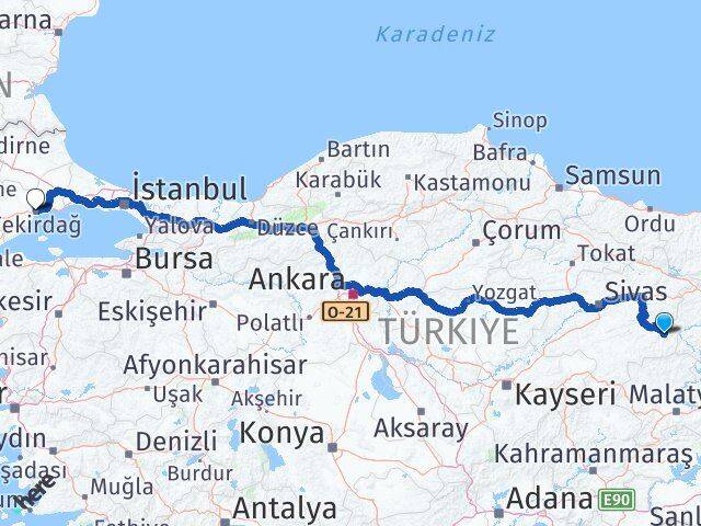 Sivas Divriği Tekirdağ Arası Kaç Km - Yol Haritası