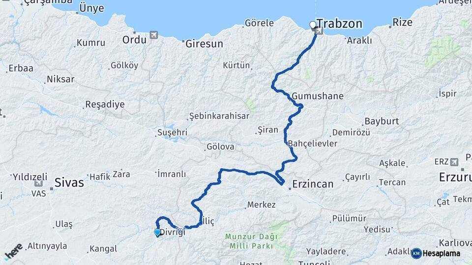 Sivas Divriği Trabzon Arası Kaç Km - Yol Haritası