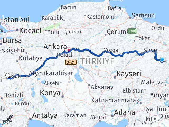 Sivas Divriği Uşak Arası Kaç Km - Yol Haritası